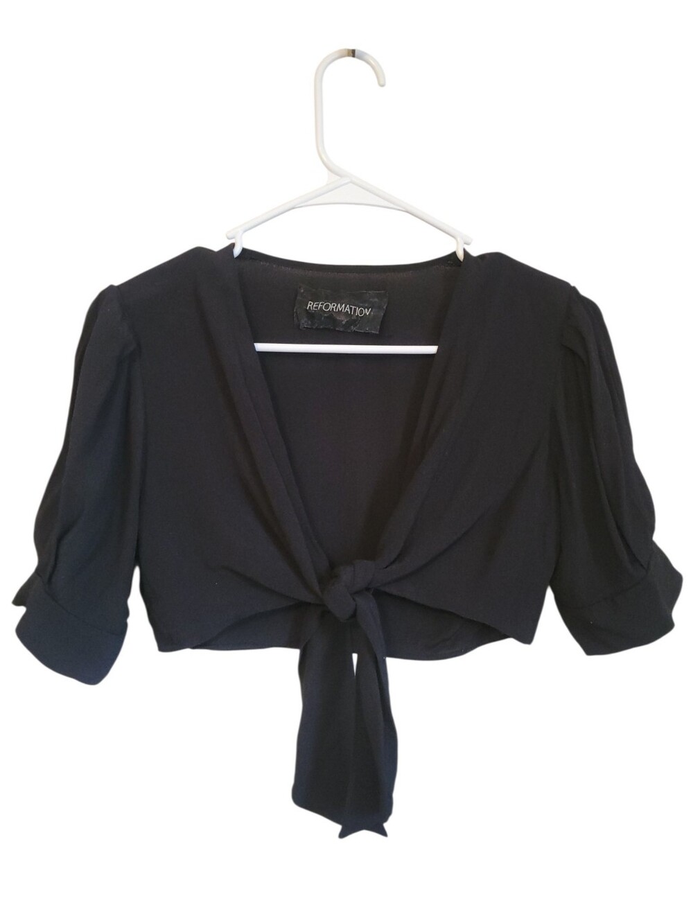 Reformation Black Tie Front Cropped Bolero Shrug Puff Sleeve Open Cardigan M